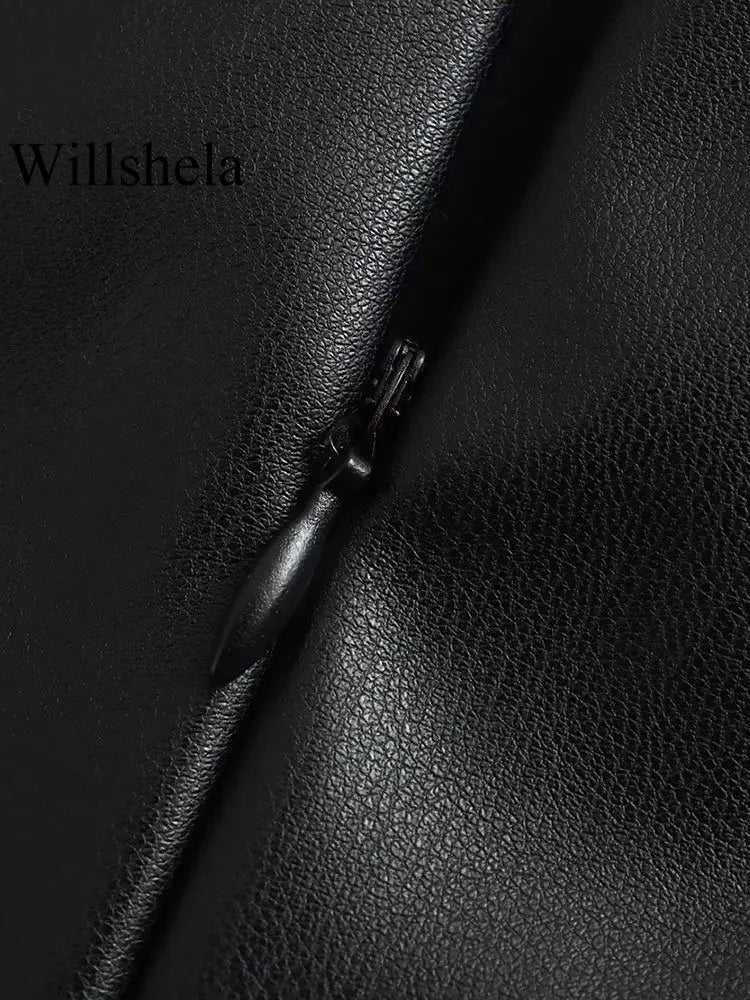 Women Fashion Black PU Leather Mini Slip Dress Vintage Square Collar Back Zipper Sleeveless Female Chic Lady Dresses