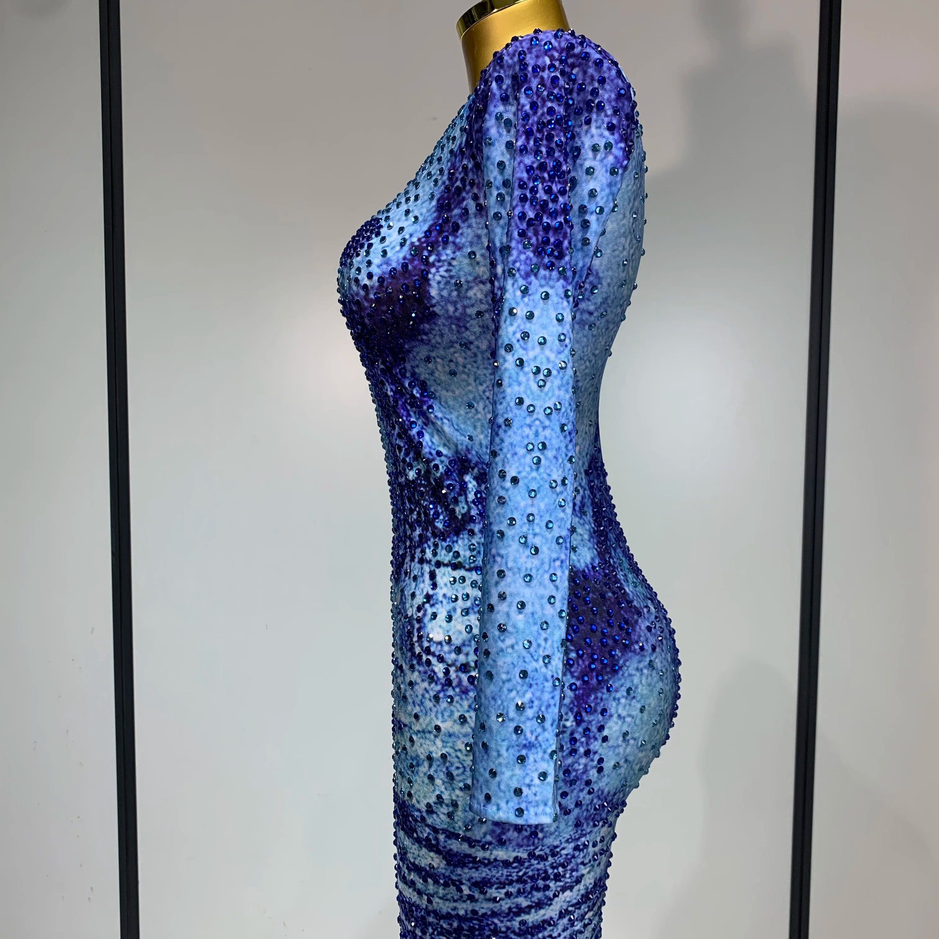 Ladies Sexy Sparkly Rhinestones Blue Long Sleeve Short Dress Women Evening Luxury Birthday Party Nightclub Singer Stage Outfit