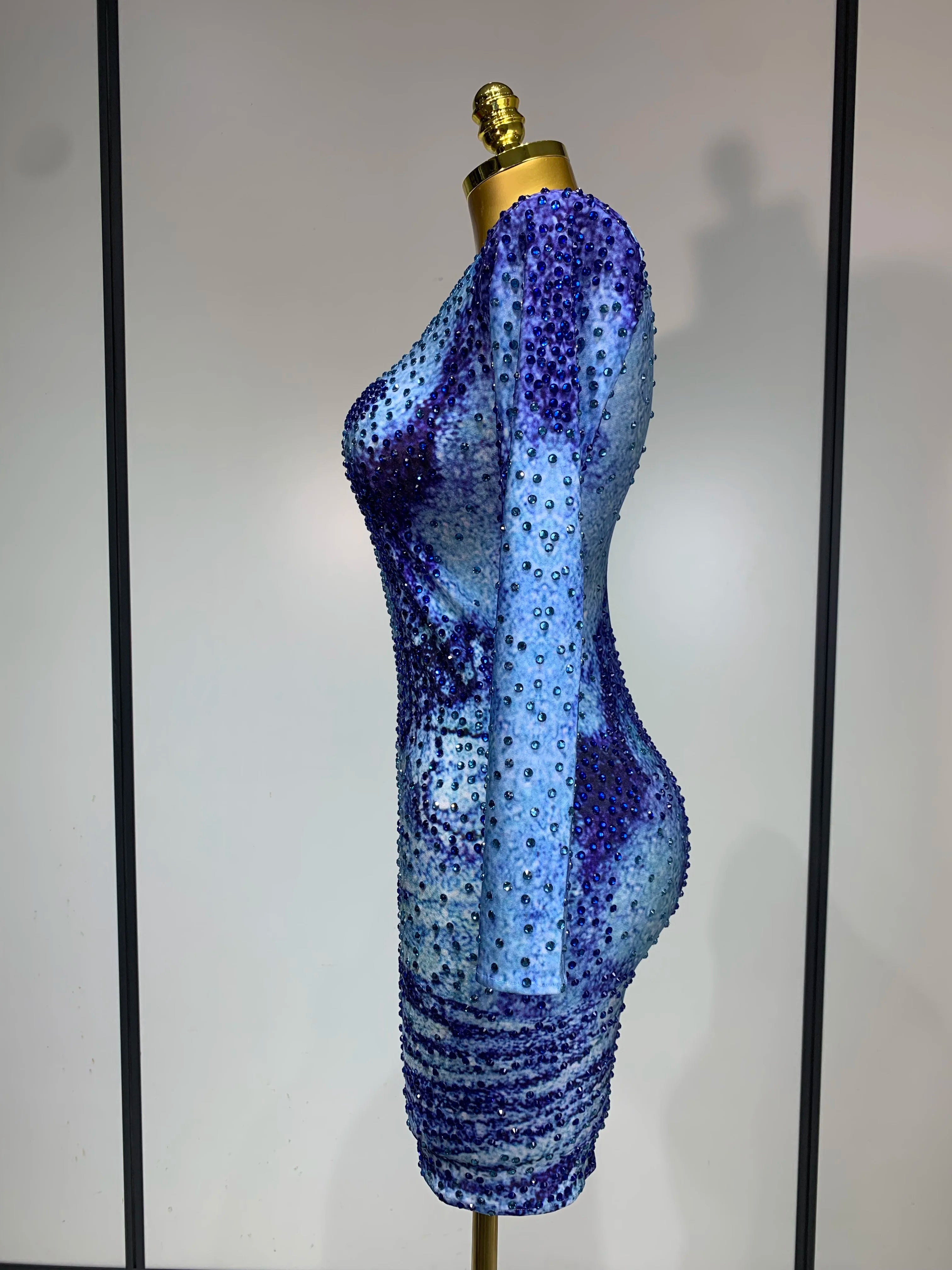 Ladies Sexy Sparkly Rhinestones Blue Long Sleeve Short Dress Women Evening Luxury Birthday Party Nightclub Singer Stage Outfit