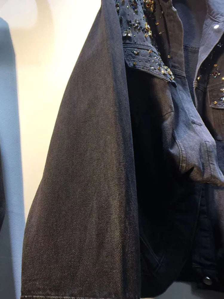 DEAT Women's Denim Coat Wash Black Beading Flowers Diamonds Patchwork Loose Long Sleeve Jackets Summer New Fashion 29L3587