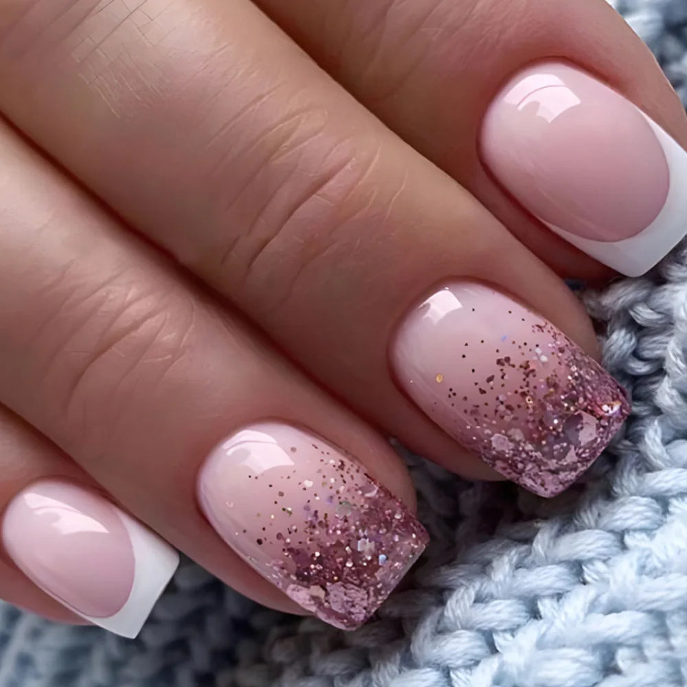 24pcs/set short fake nails for women girls french nude square white tips with rhinestones glitters Y2K  press on false nail art