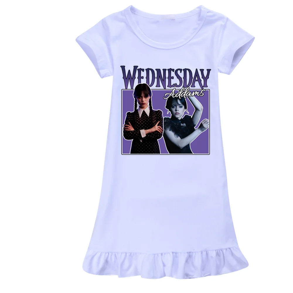 Summer Fashion Wednesday Addams Costume Kids Casual Dress Toddler Girls Short Sleeve Dresses Children A-line Party Sundress COLOR 2