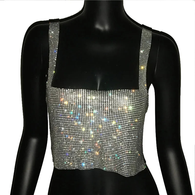 Glitter Nightclub Backless Rhinestone Tank Top Women Sexy Metal Crystal Diamonds Sequined Night Club Party Wear Crop Top Sliver