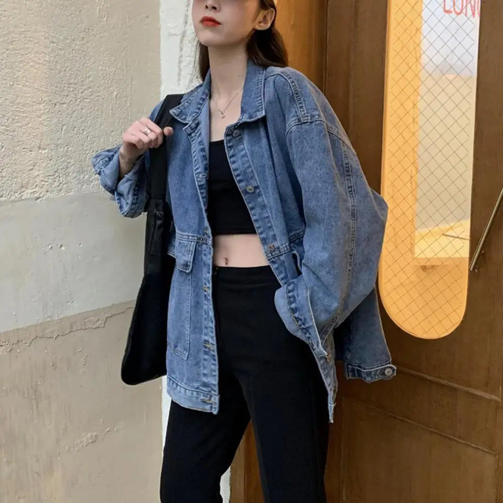 Women Jacket Washed Denim Single-breasted Cardigan Buttons Keep Warm Long Sleeves Turn-down Collar Women Coat Female Clothes