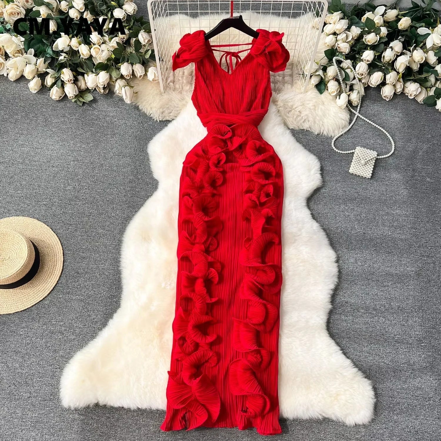CM.YAYA Women Ruffles Splicing V-neck Sleeveless Bodycon Midi Pleated Maxi Long Dress 2025 Birthday Sexy Club Party Even Dresses Red One Size