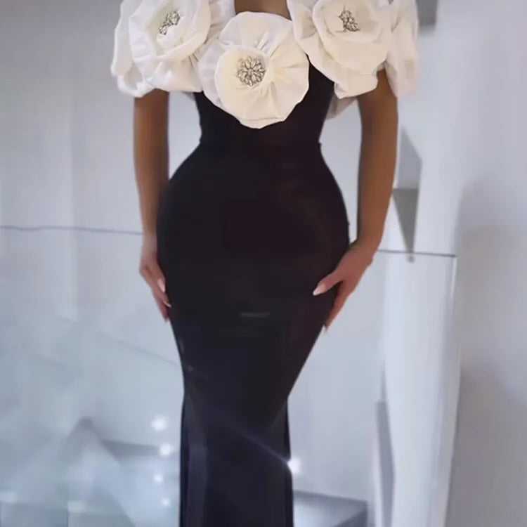 Vestido longo bandagem colado ao corpo feminino, sexy, ombro de fora, flor, diamantes, preto, elegante, festa à noite