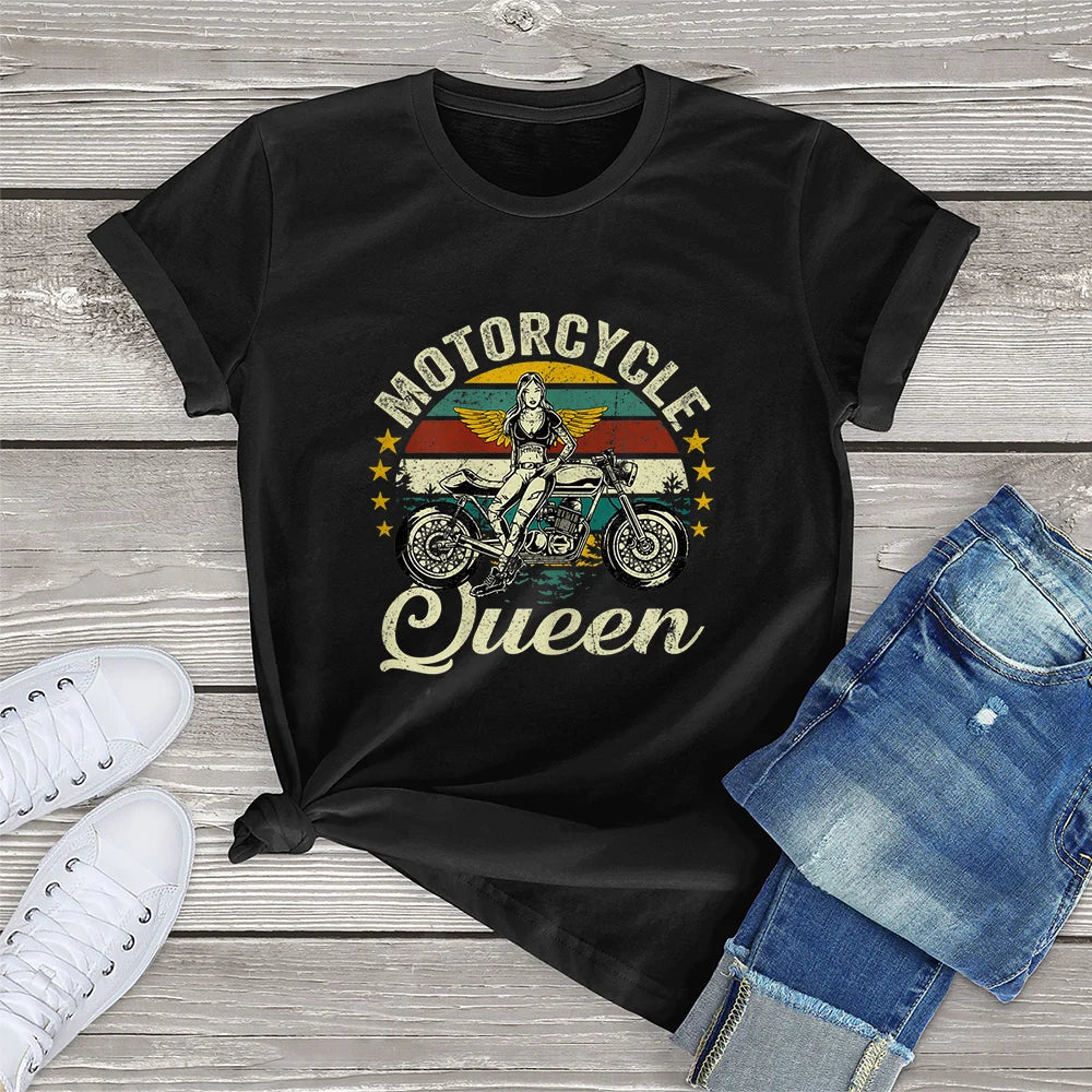 Cotton Personality Fashion Vintage Motorcycle Queen Grandma Clothing Gift Women T-Shirt Printed Unisex Tee Streetwear black