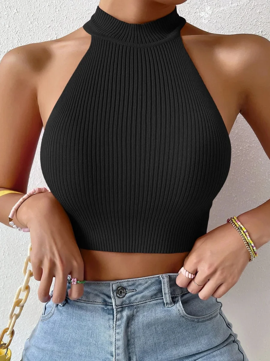 Summer Dopamine Women Basics Casual Knit Sleeveless Corset Halter Crossfit Crop Top Y2k Clothes Femme Stretch Sweater Tank black One Size