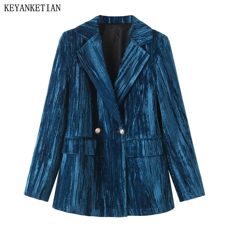 Women's Velvet Suit Jacket Flap Pockets Double Breasted Fashion Retro Office Lady Outerwear Coat Top