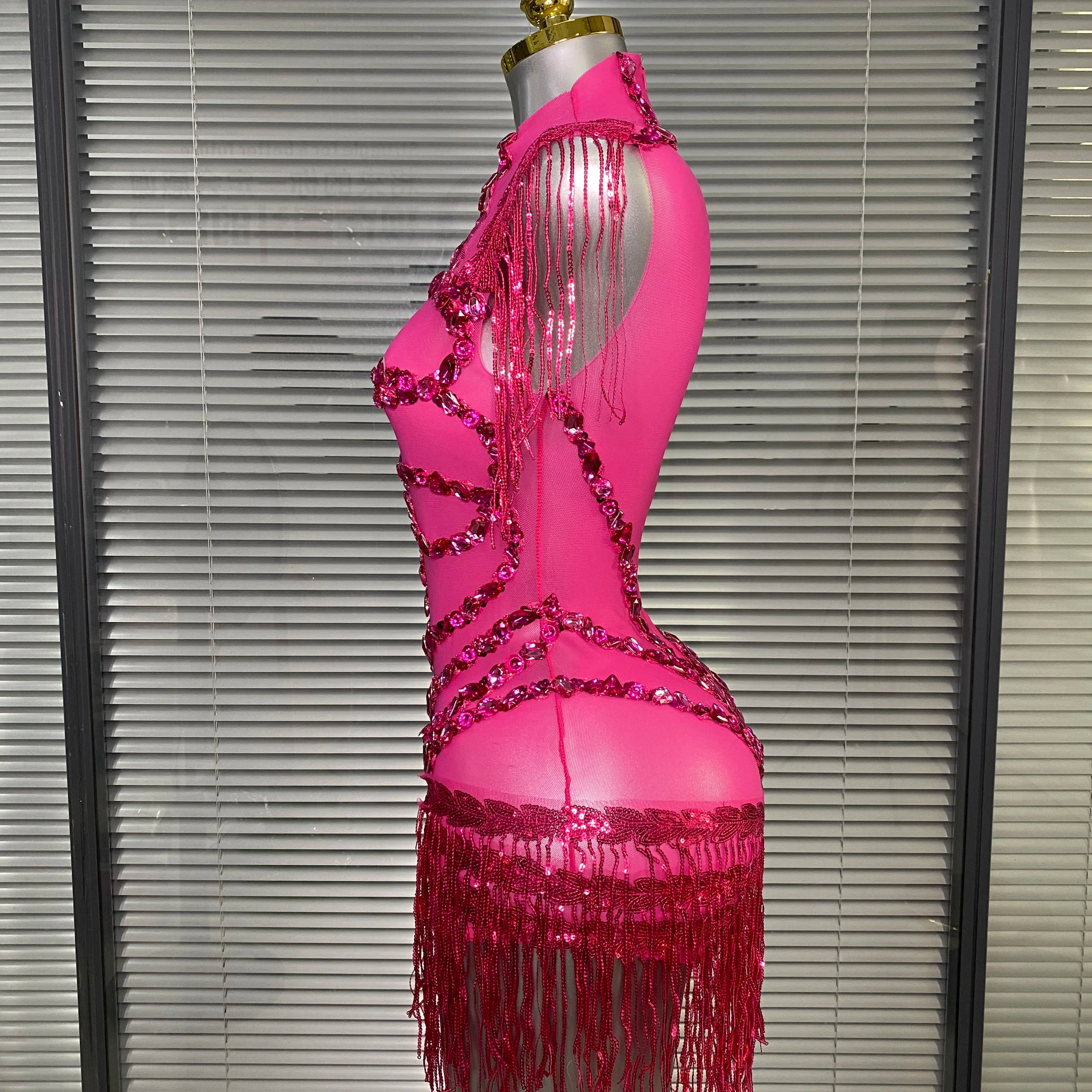 Women Sexy Tassel Crystal Diamonds Stretchy Night Club See Through Singer Dancer Stage Costume Hot Pink Party Bodysuit