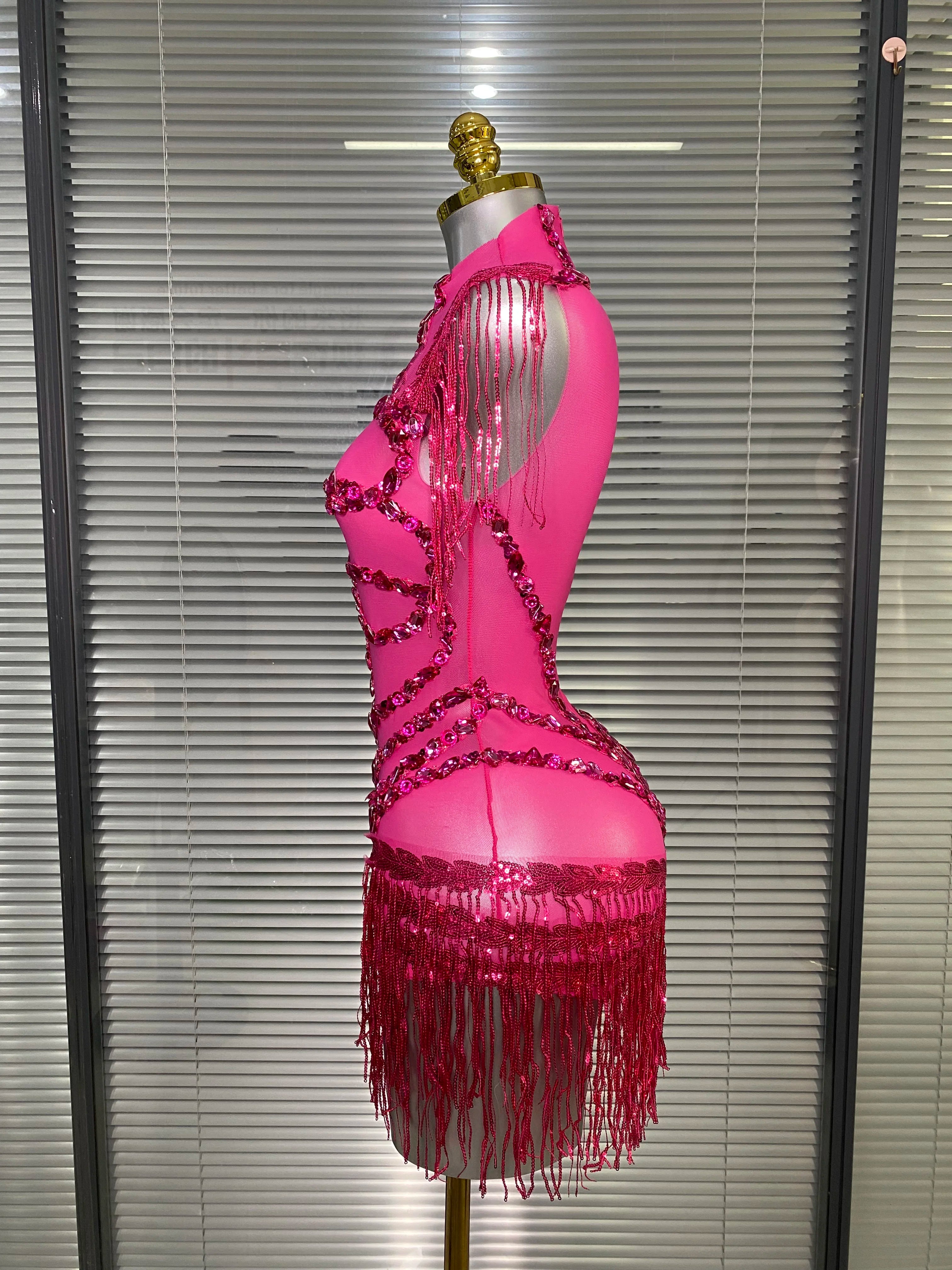 Women Sexy Tassel Crystal Diamonds Stretchy Night Club See Through Singer Dancer Stage Costume Hot Pink Party Bodysuit