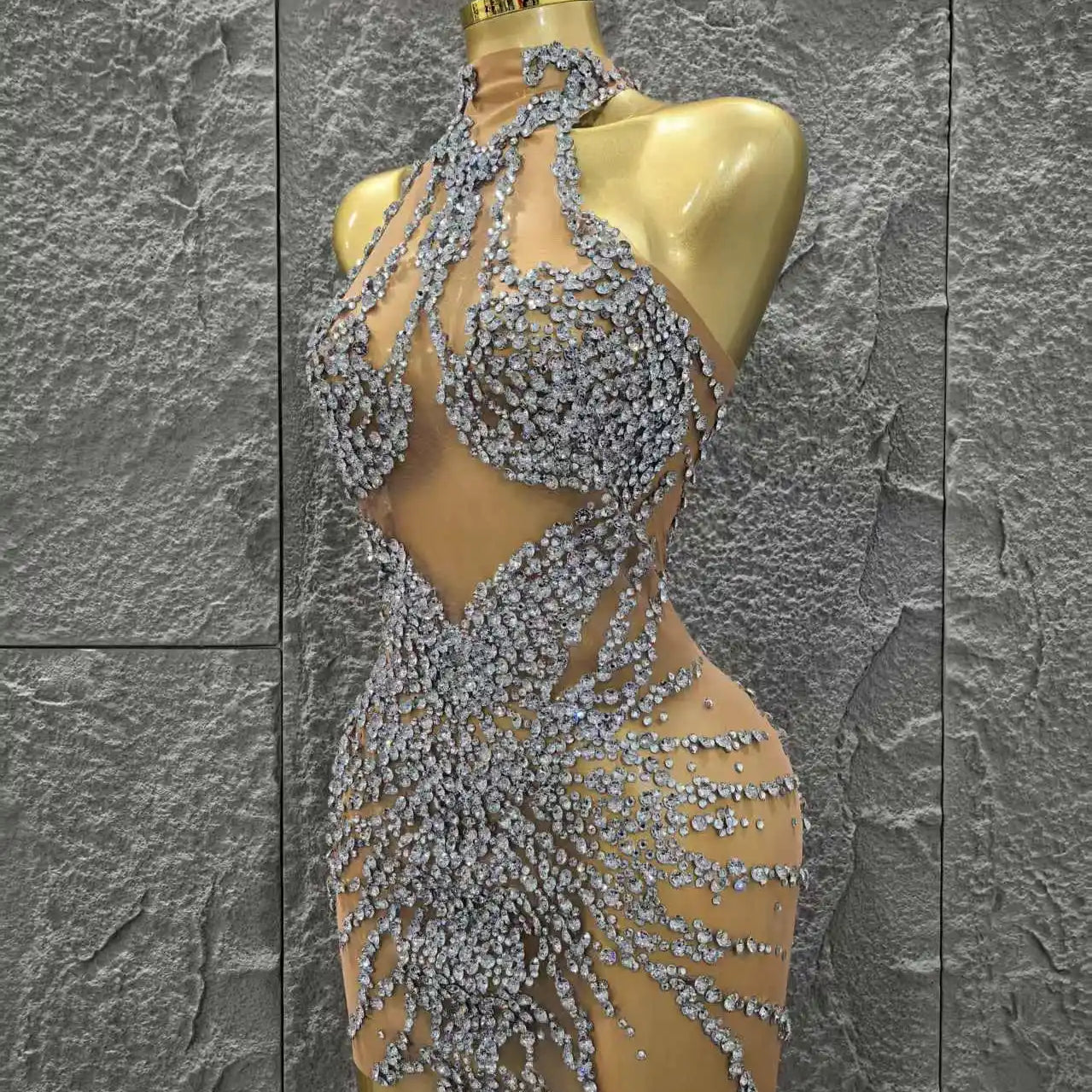 Shinning Crystal Women Sexy Sleeveless Mesh See Thorugh Bodycon Mini Dress Nightclub Party Bar Singer Performance Stage Wear