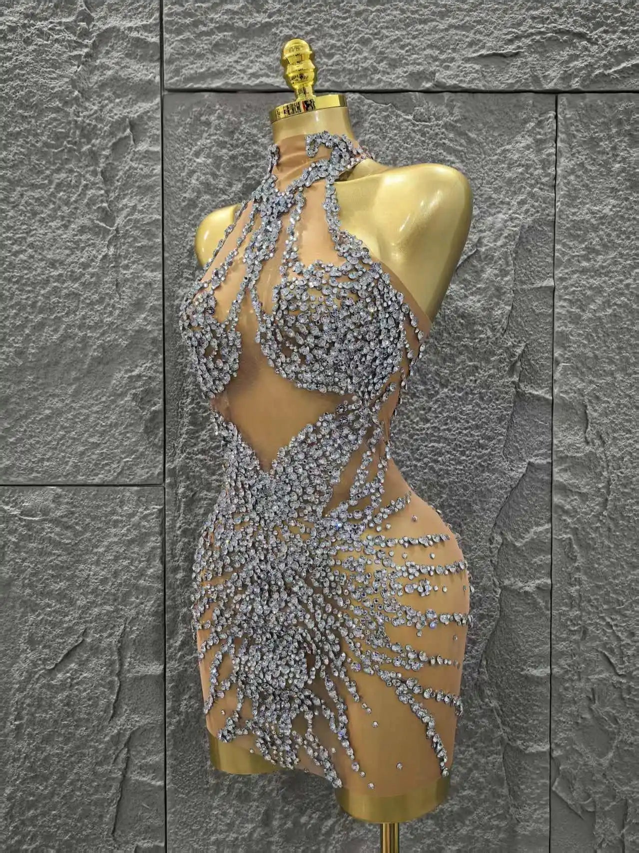 Shinning Crystal Women Sexy Sleeveless Mesh See Thorugh Bodycon Mini Dress Nightclub Party Bar Singer Performance Stage Wear