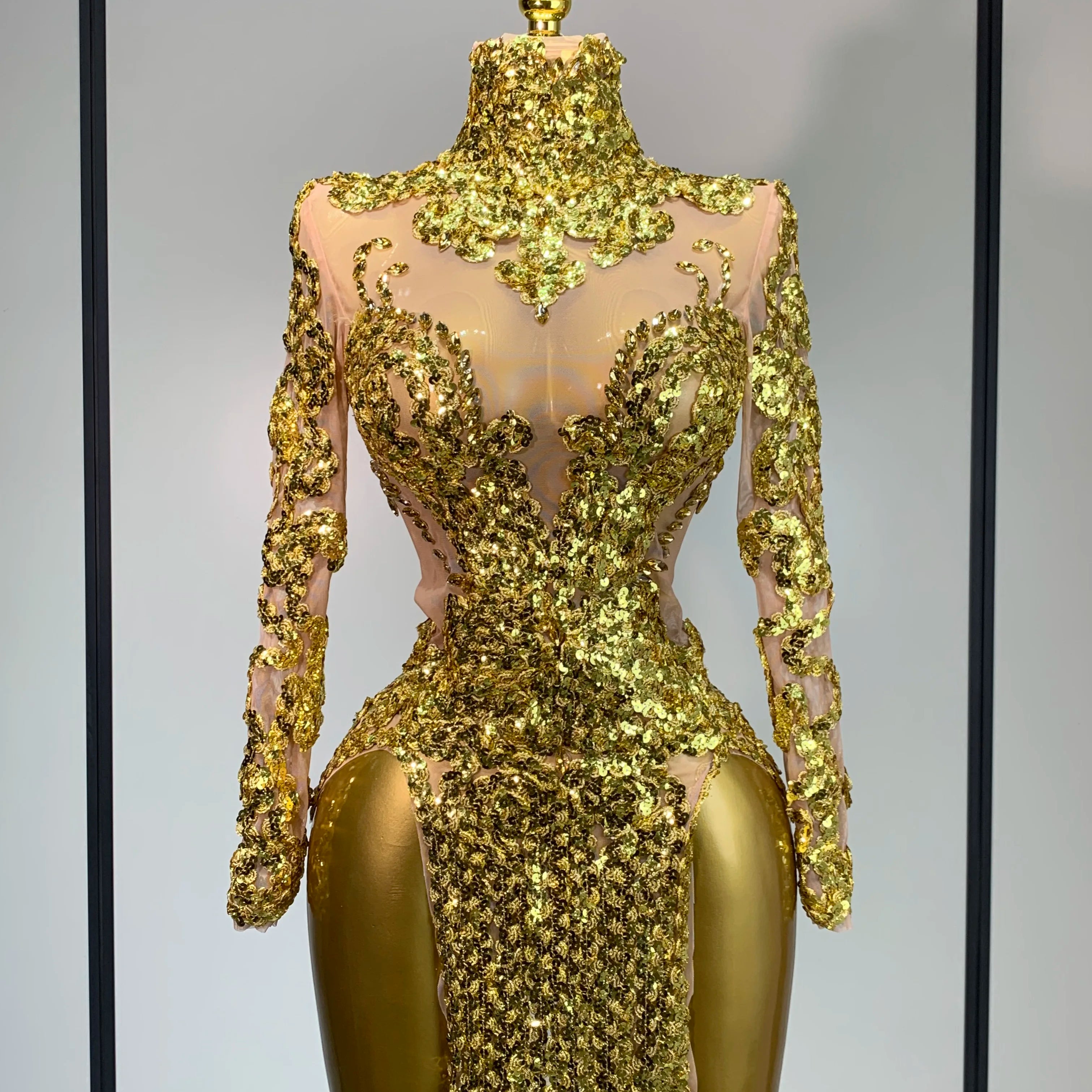 Women Long Sleeve Sexy Shinning Sequins Bodycon Mini Dress Mesh See Through Celebrate Birthday Evening Party Club Stage Outfit