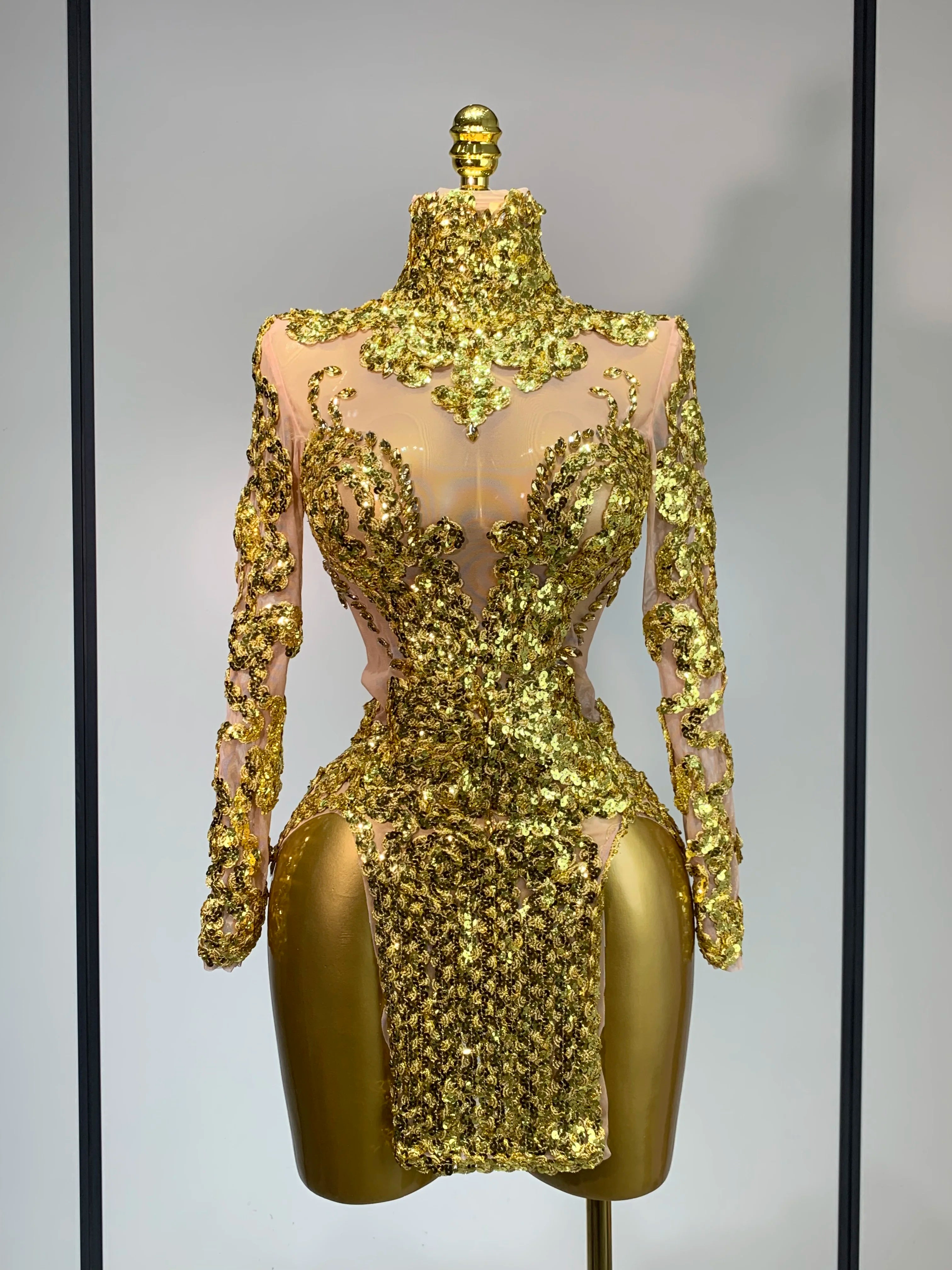 Women Long Sleeve Sexy Shinning Sequins Bodycon Mini Dress Mesh See Through Celebrate Birthday Evening Party Club Stage Outfit