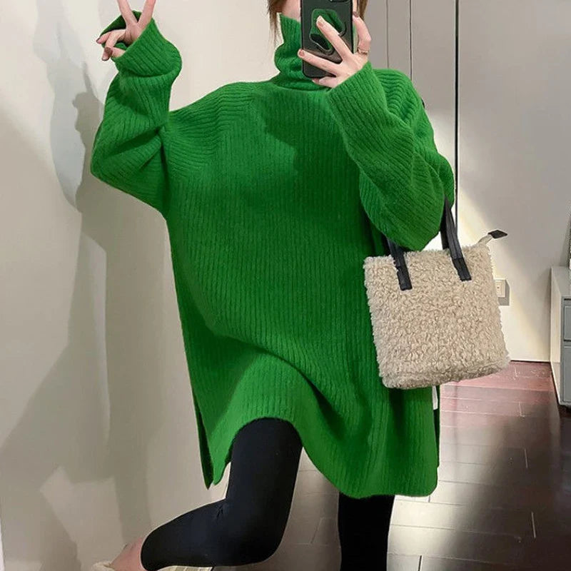Women Simple Casual Oversized Turtleneck Knitted Sweater 2023 Autumn Winter Trendy Split Long Sleeve Pullover Tunic Tops Jumpers green