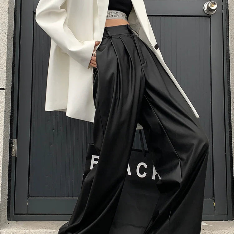 Spring Autumn Loose Casual Flowy Soft Black Brown Pu Leather Wide Leg Pants for Women High Waist Emo Korean Fashion 2023