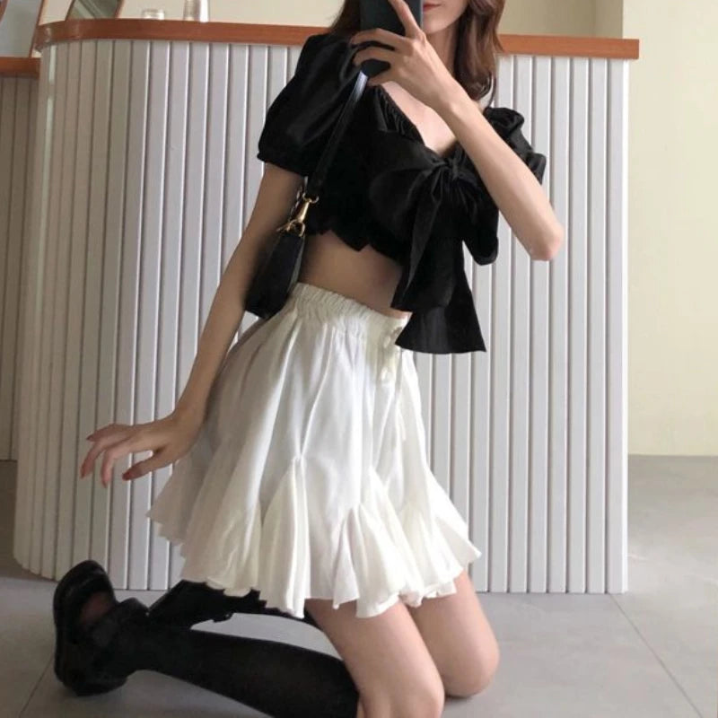 Korean Style Mini Skirt Women Kawaii White High Waist A-line Patchwork Lace-up Ruffles Cute Pleated Skirt Shorts Summer