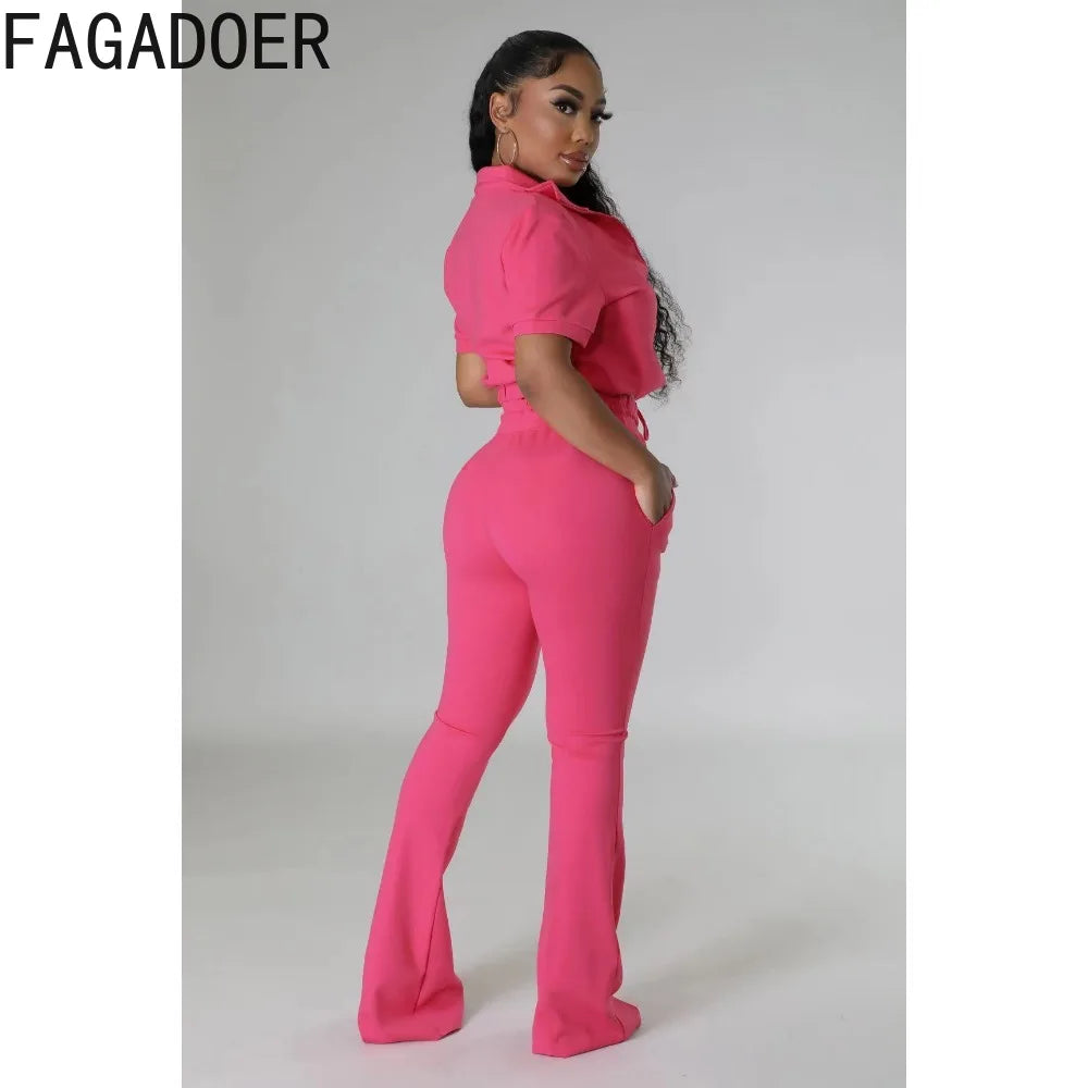 FAGADOER Fashion Solid Color Drawstring Flared Pants Two Piece Sets Women V Neck Short Sleeve Crop Top And Skinny Pants Outfits