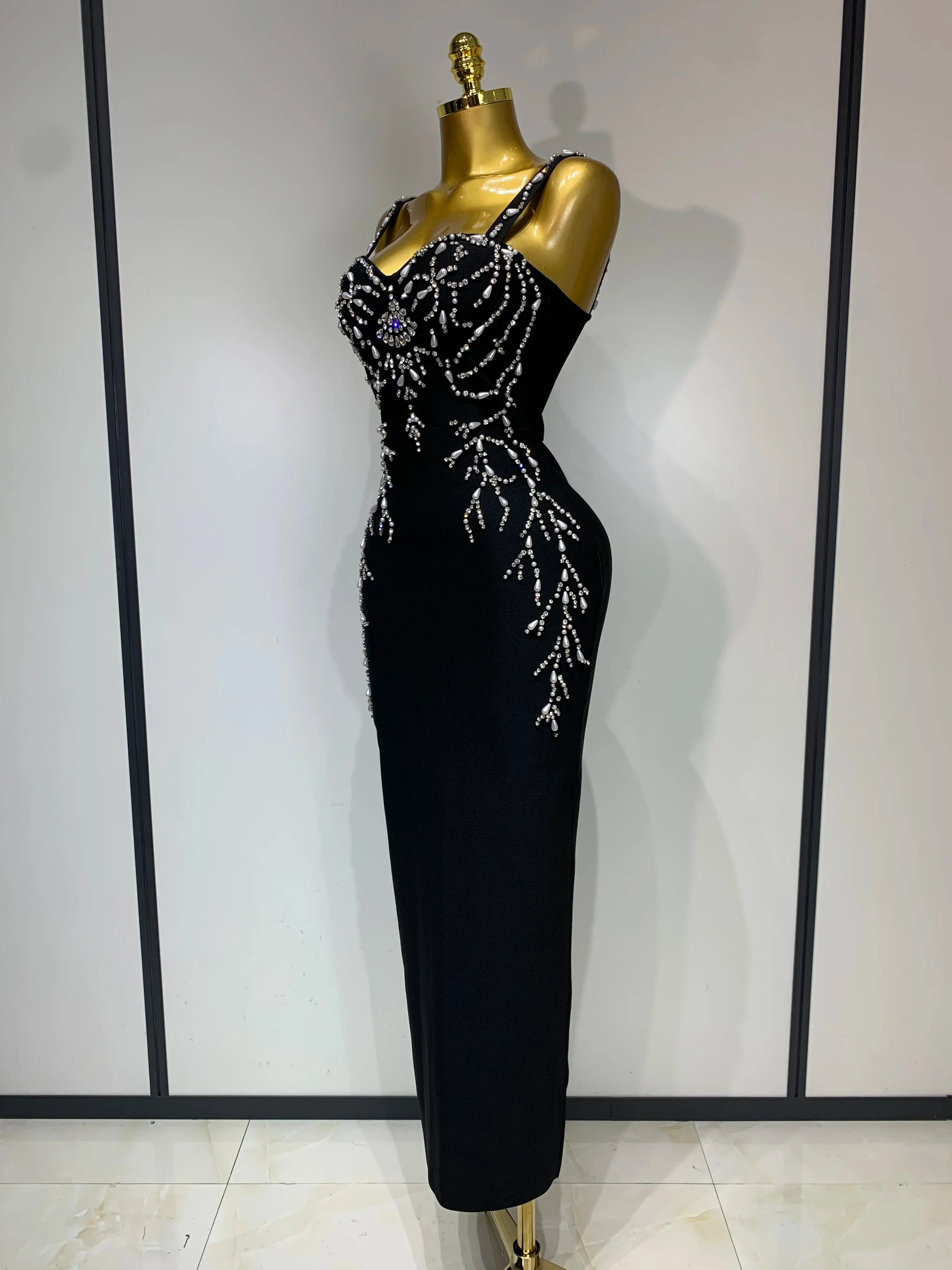 Women Sexy V Neck Black Beading Maxi Long Bodycon Bandage Dress Celebrity Elegant Evening Club Party Luxury Birthday Dress