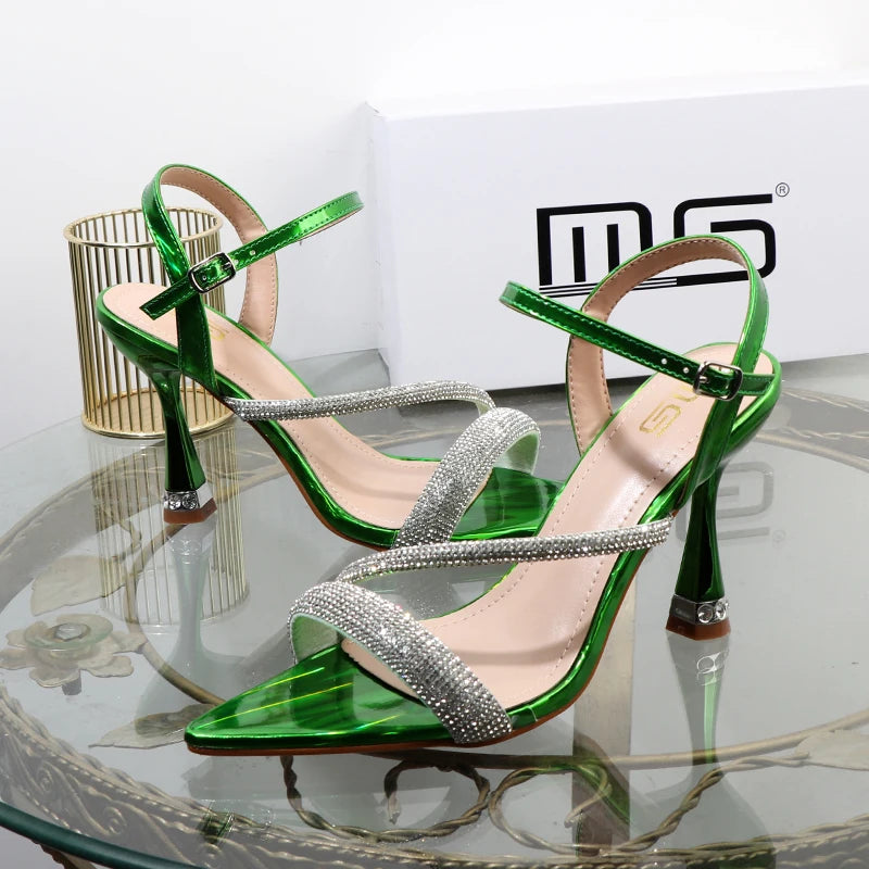 Luxury elegant green shoes summer new high heels fashion Joker fashion fairy sandals Rhinestone buckle with women's shoes