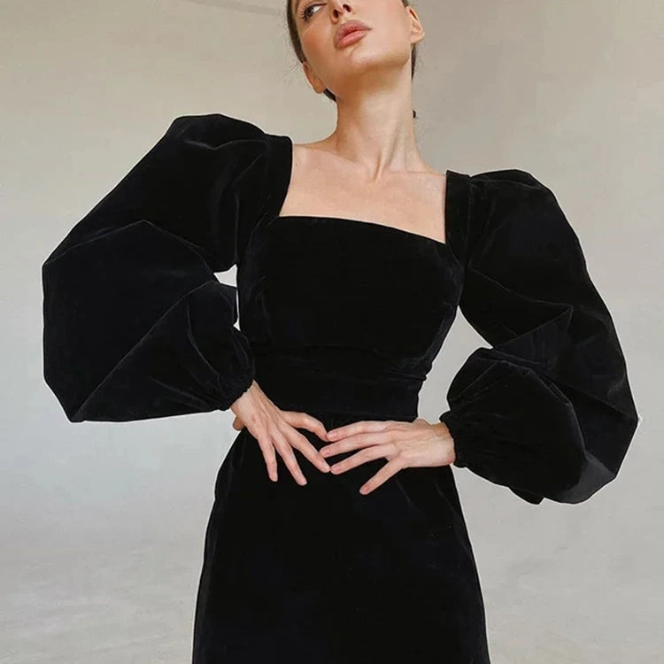 Women's Velvet Square Neck Pretty Dress Mini Wrap Hip Bubble Sleeve Short Skirt Zipper Decoration Long Sleeve Party Dress