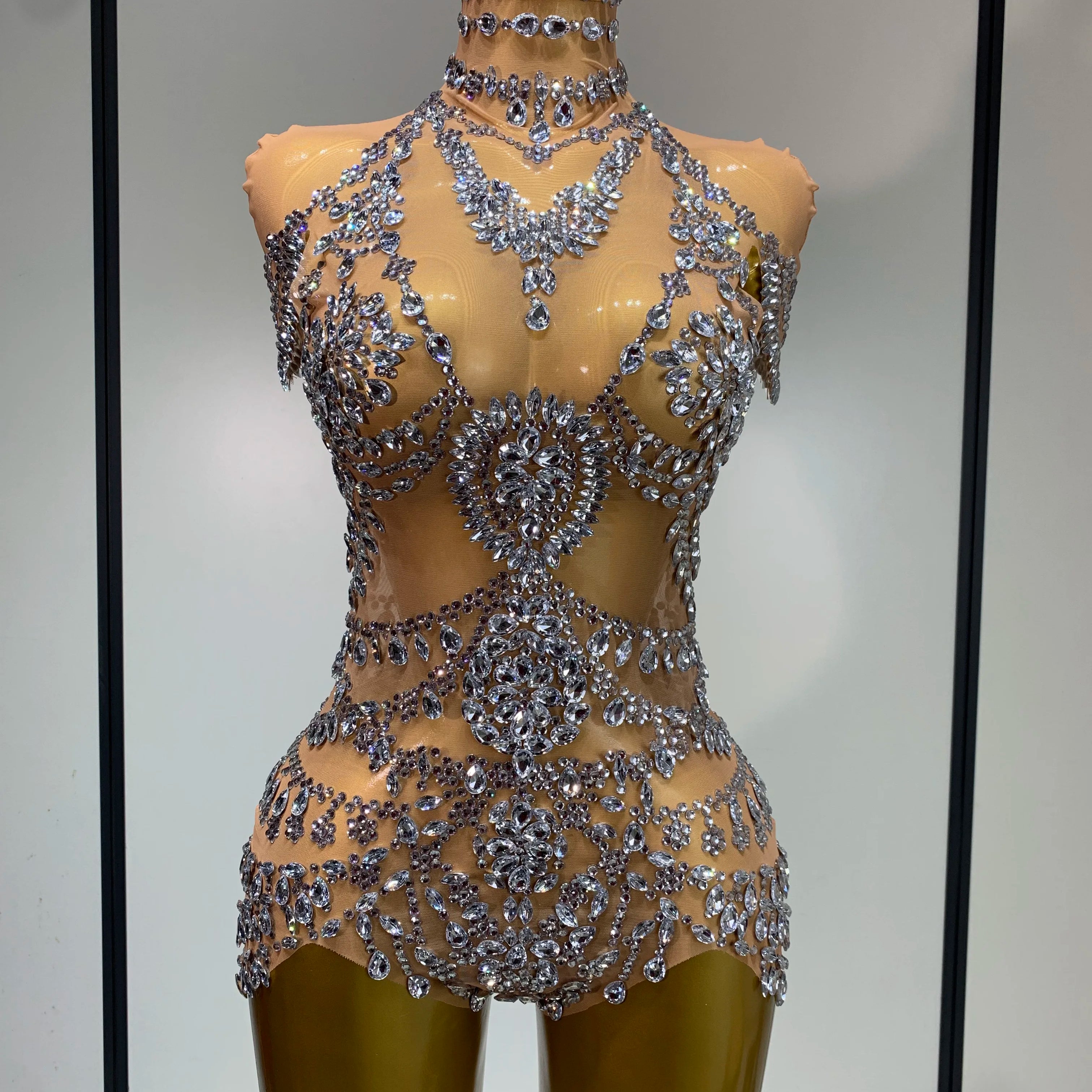 Women Sexy See Through Crystal Bodysuits Luxury Birthday Dancer Stage Performance Wear Mesh Sparkly Rhinestone Nightclub Outfit