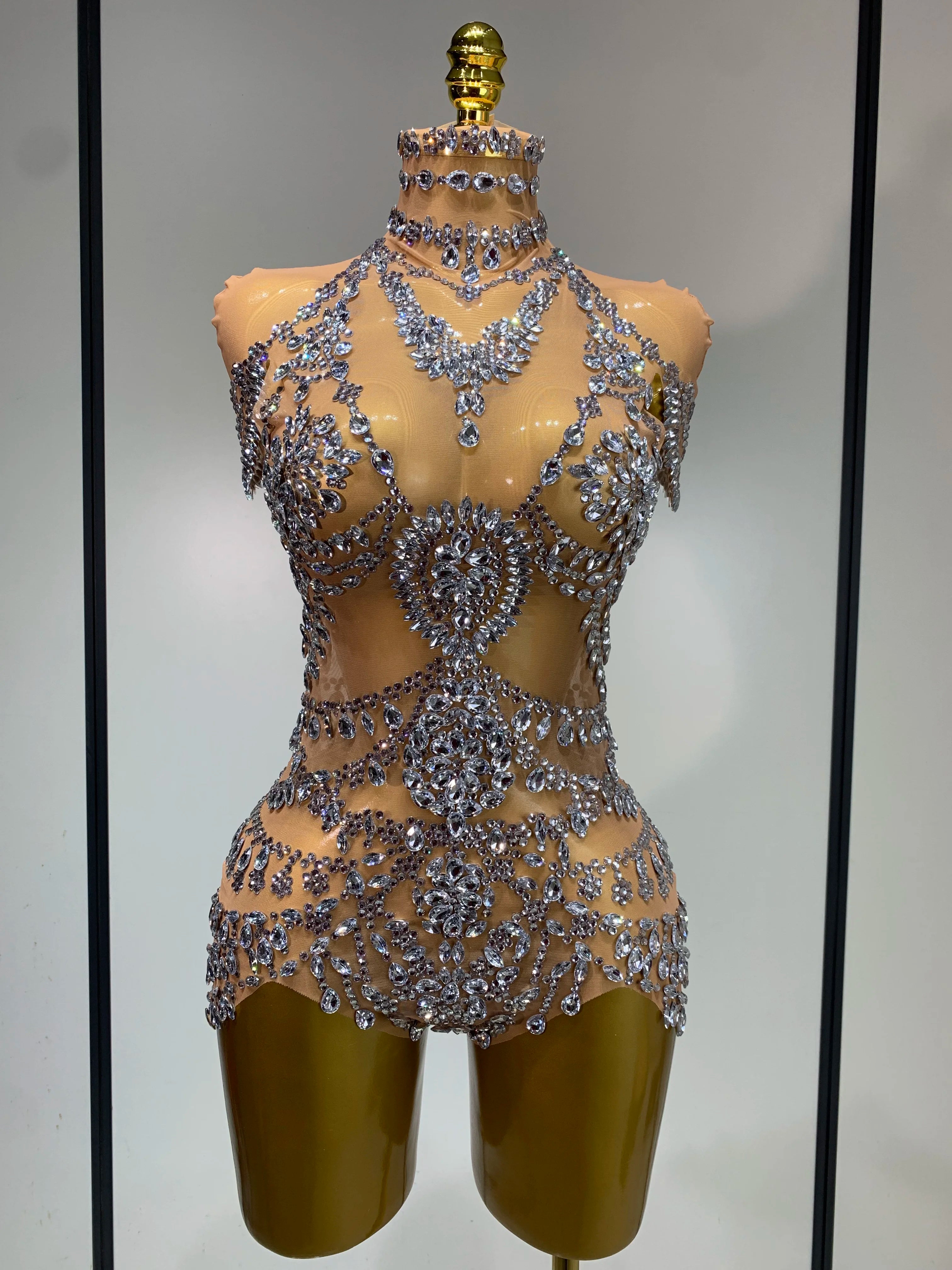 Women Sexy See Through Crystal Bodysuits Luxury Birthday Dancer Stage Performance Wear Mesh Sparkly Rhinestone Nightclub Outfit
