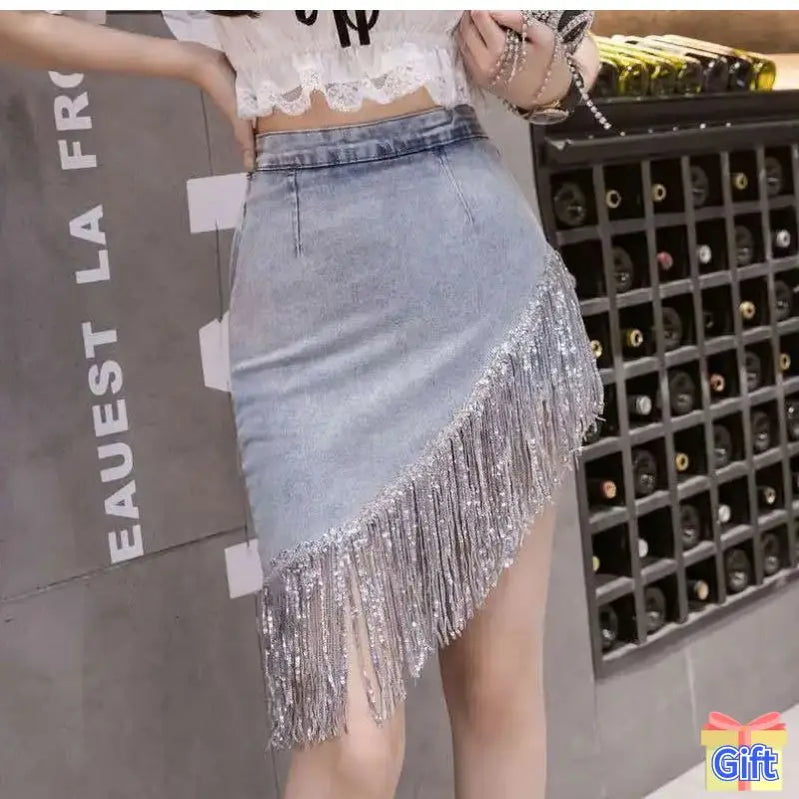 Denim Mini Skirt Women with Shorts Oblique Hem Tassel Summer 2024 Korean Fashion Streetwear Jean Skort Stylish Night Club Outfit