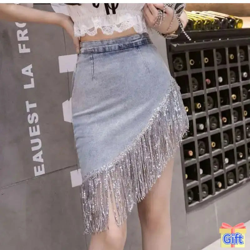 Denim Mini Skirt Women with Shorts Oblique Hem Tassel Summer 2024 Korean Fashion Streetwear Jean Skort Stylish Night Club Outfit