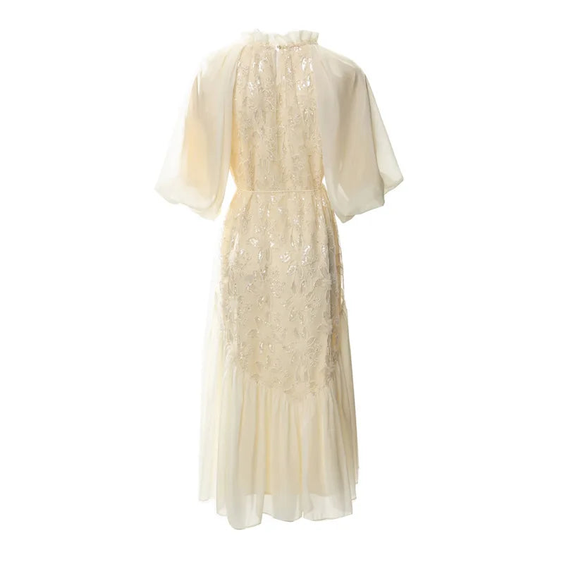 TWOTWISTYLE Solid Loose Spliced Embroidery Elegant Dresses for Women Round Neck Half Sleeves Patchwork Sequins Dress Female New