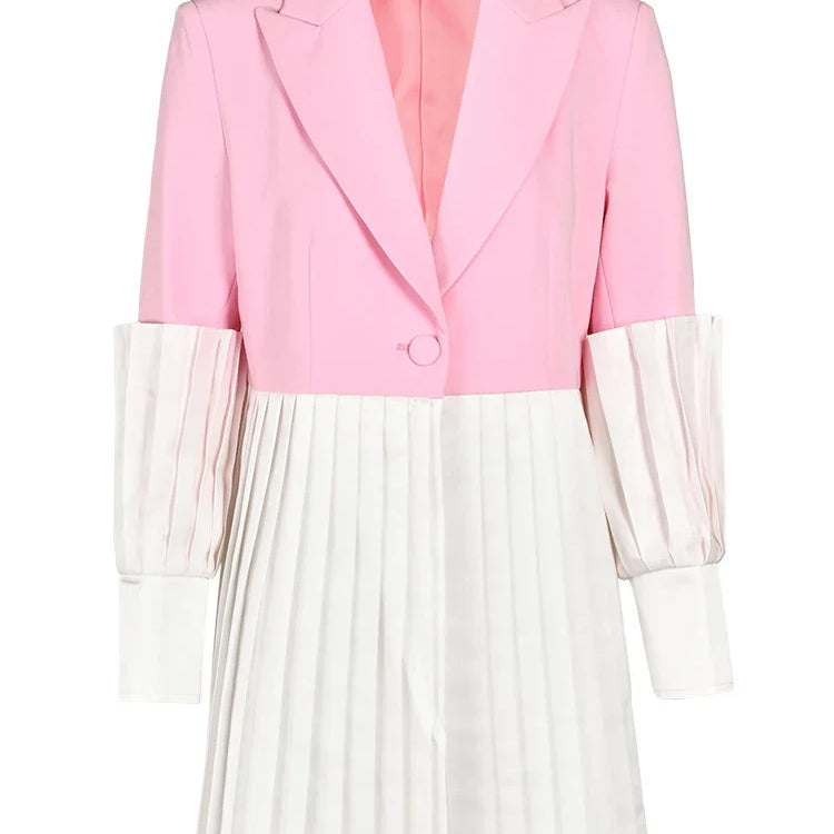 DEAT Fashion Women's Blazer Notched Collar Single Button Spliced Pleate Contrast Colors Suit Jackets Spring New Tide 7AB008 Pink