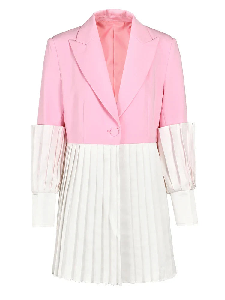 DEAT Fashion Women's Blazer Notched Collar Single Button Spliced Pleate Contrast Colors Suit Jackets Spring New Tide 7AB008 Pink