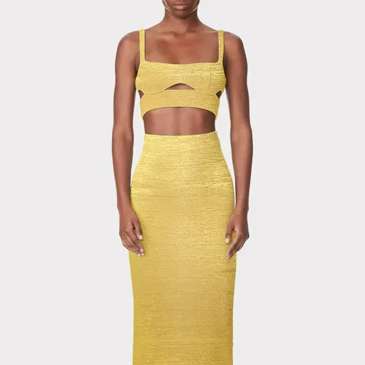 Women Summer Sexy Sleeveless Backless Bronzing Gold Midi Bodycon Skirt Bandage Set Elegant Evening Club Party Outfits Gold