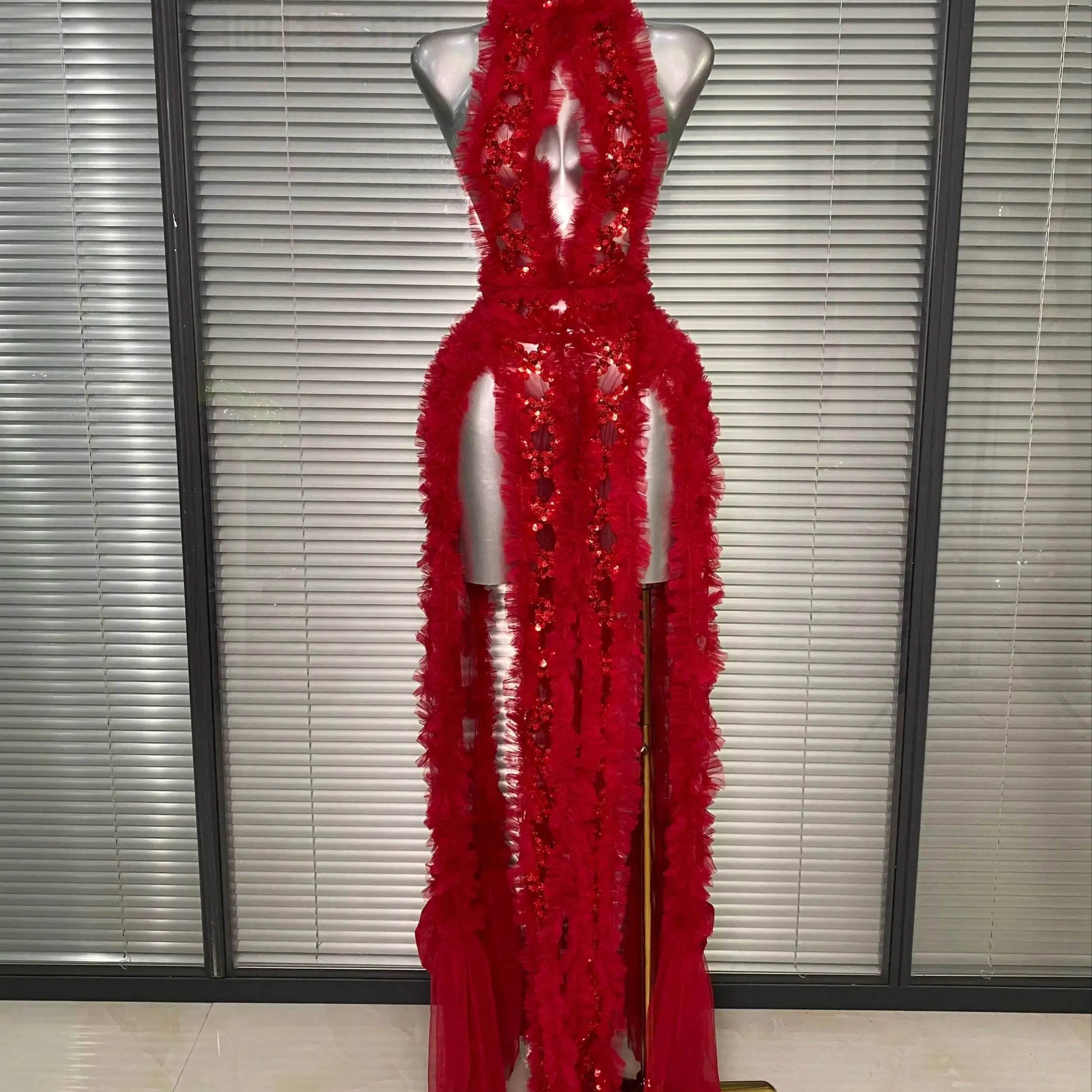 Ins New Women Sexy See Through Sequins Sparkly Red Pink Long Maxi Dress Party Costume Singer Stage Performance Dress