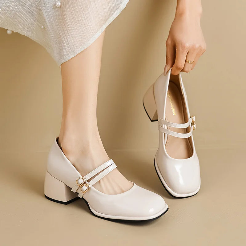 Sapatos femininos primavera 2023, salto alto feminino, Mary Janes casuais, bico quadrado branco, design para carreira e deslocamento, estilo coreano, 41-43