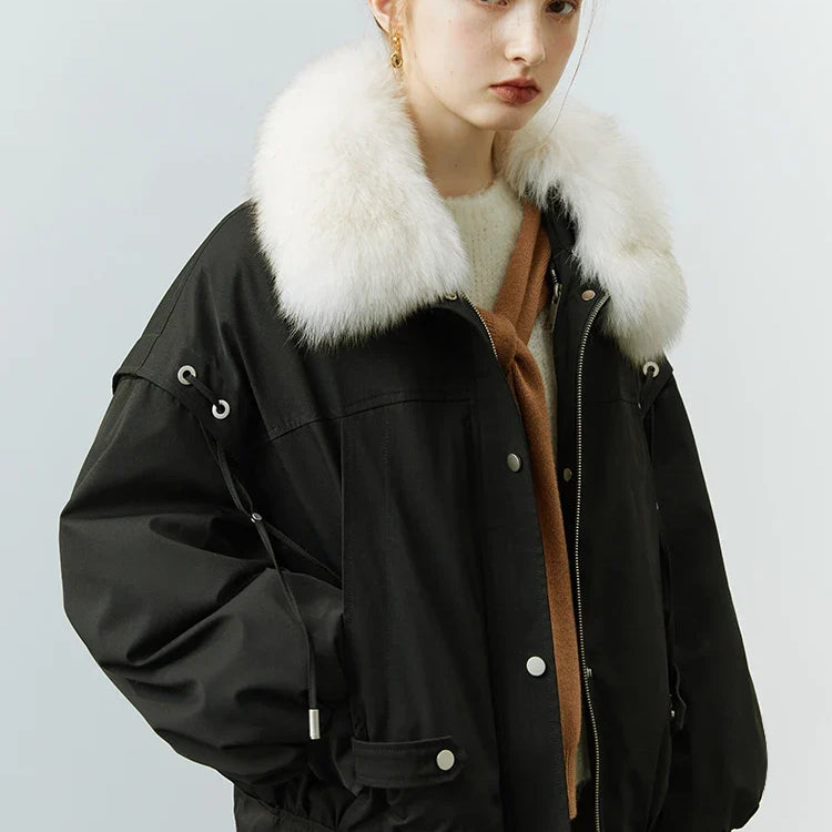 FSLE Fox Fur Collar Short Fur Coat Women's 2022 Winter New Style Overcomes Removable Rabbit Fur Liner Black Khaki Women Coats black