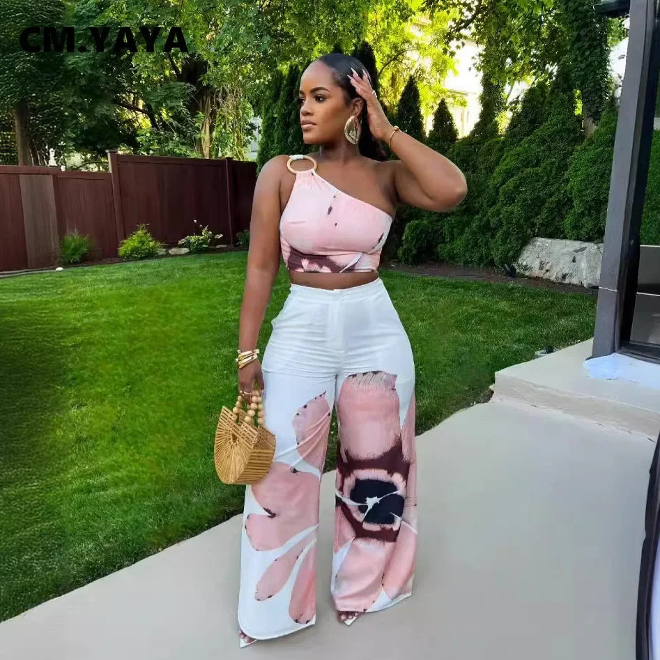 CM.YAYA Women Set Floral Print Sleeveless Skew Collar Tops +Wide Leg Pants Two 2 Piece Set Outfit 2024 Summer Street Tracksuit