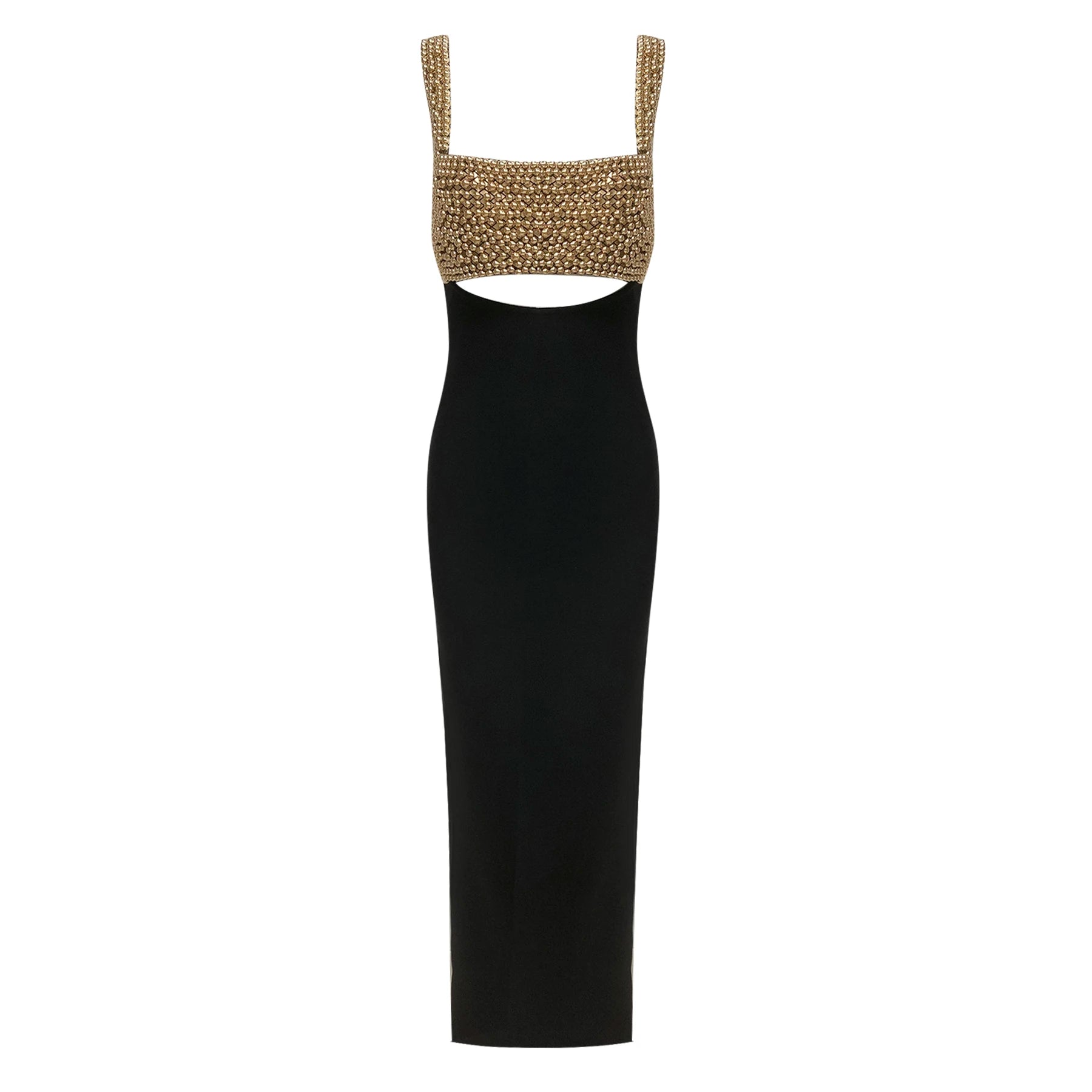 2025 Golden Beading Sexy Hollow Out Black Bandage Ankle Length Dress Fashion Woman Evening Party Dress Celebrity Party Vestido