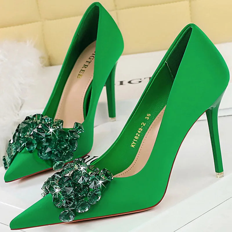 Women 7.5cm 10.5cm High Heels Luxury Pumps Lady Silk Shallow Pointed Toe Rhinestone Crystal Bling Buckle Low Heels Green Shoes Green 10.5cm