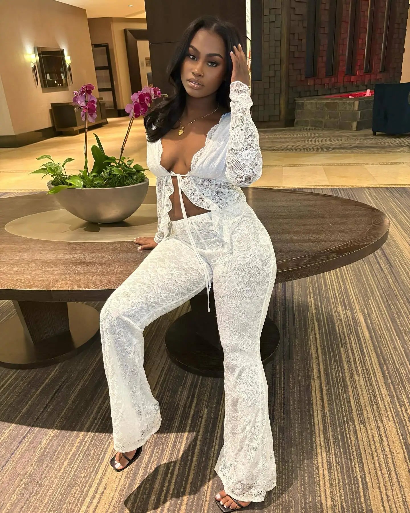 CM.YAYA 2025 Women's Set Long Sleeve Lace See Through Shirt + Long Pants Street Evening Sexy Two 2Piece Sets Outfits Tracksuit WHITE