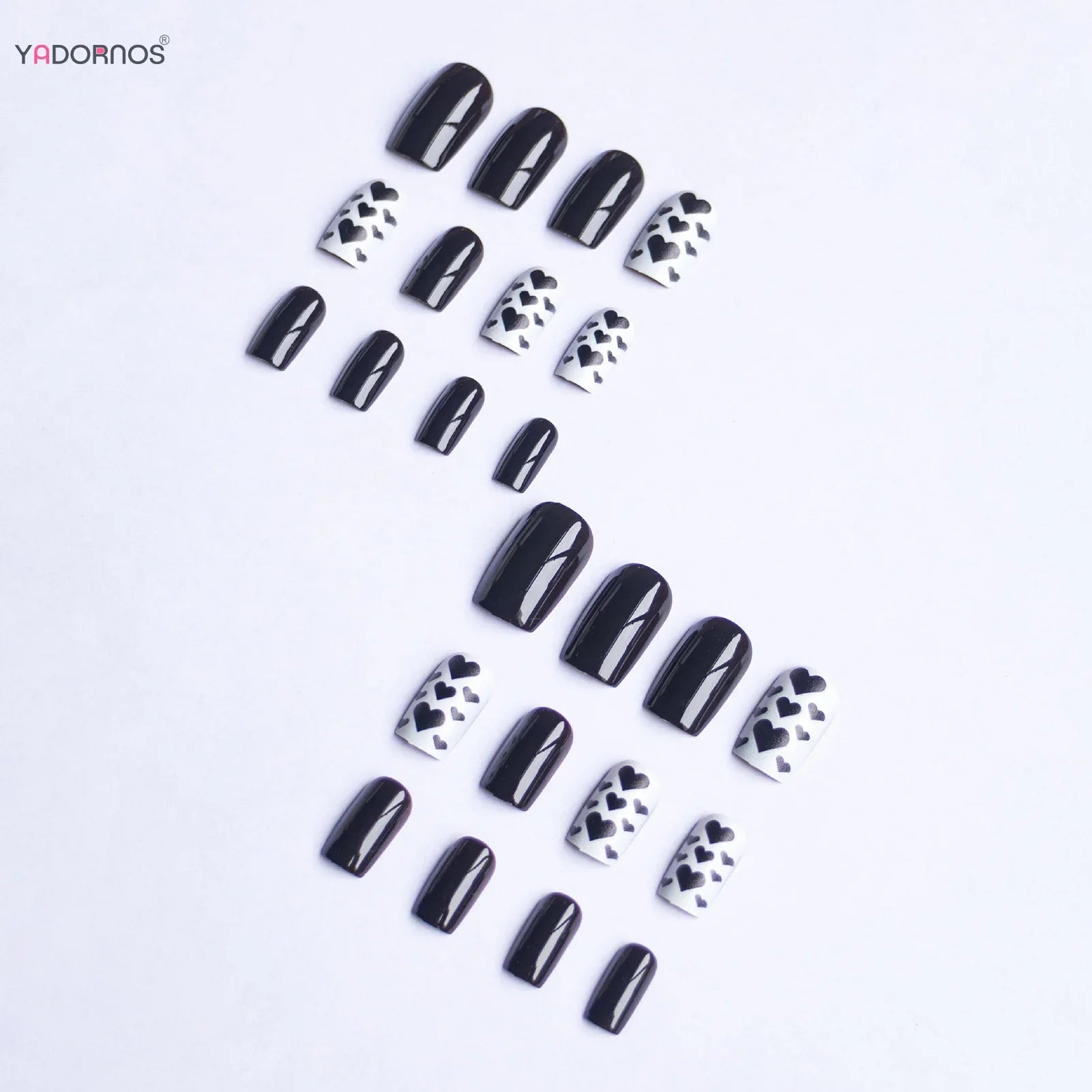 Black Short Square Fake Nails 24Pcs Full Cover Press On Nails Love Heart Printed Cool Girls Valentine's Day Charm Manicure