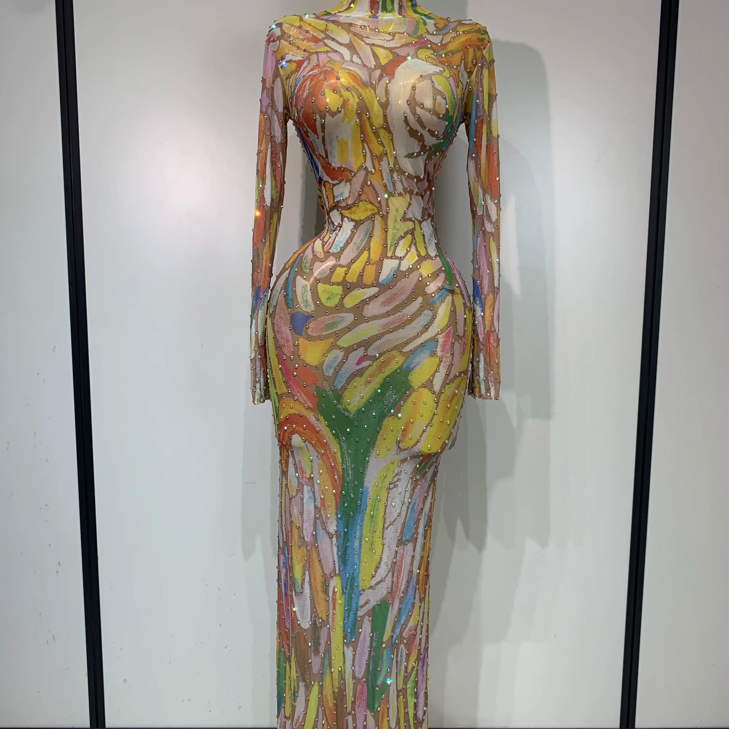 Sparkly Rhinestone Stretchy Mesh See Through Jumpsuit Women Performance Dancer Costume Rompers Party Nightclub Stage Outfit