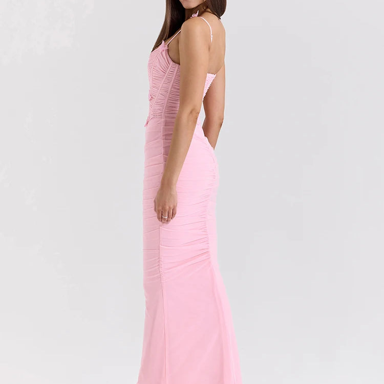 Vestido longo sexy com alças finas e laço para mulheres, elegante, sem mangas, costas nuas, para festa noturna