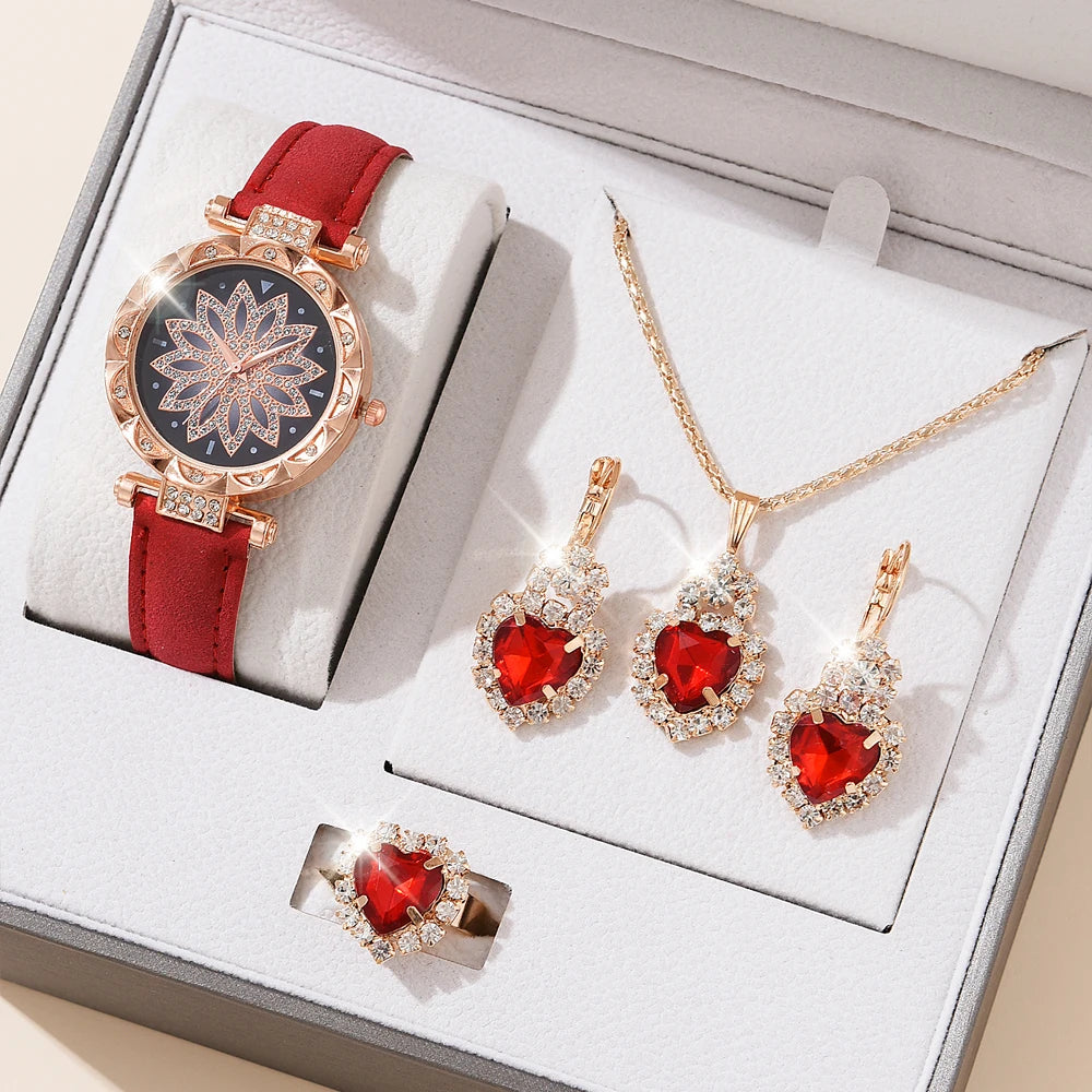 5pcs Set Watches Women Leather Band Ladies Watch Simple Casual Women's Analog WristWatch Bracelet Gift Montre Femme 5pcs set red A
