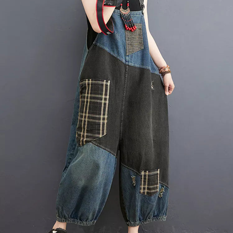 Korean Fall Jeans Women Plaid Ripped Denim Overalls Ladies Vintage Punk Loose Pants Luxury Classic Casual Trousers 001 One Size