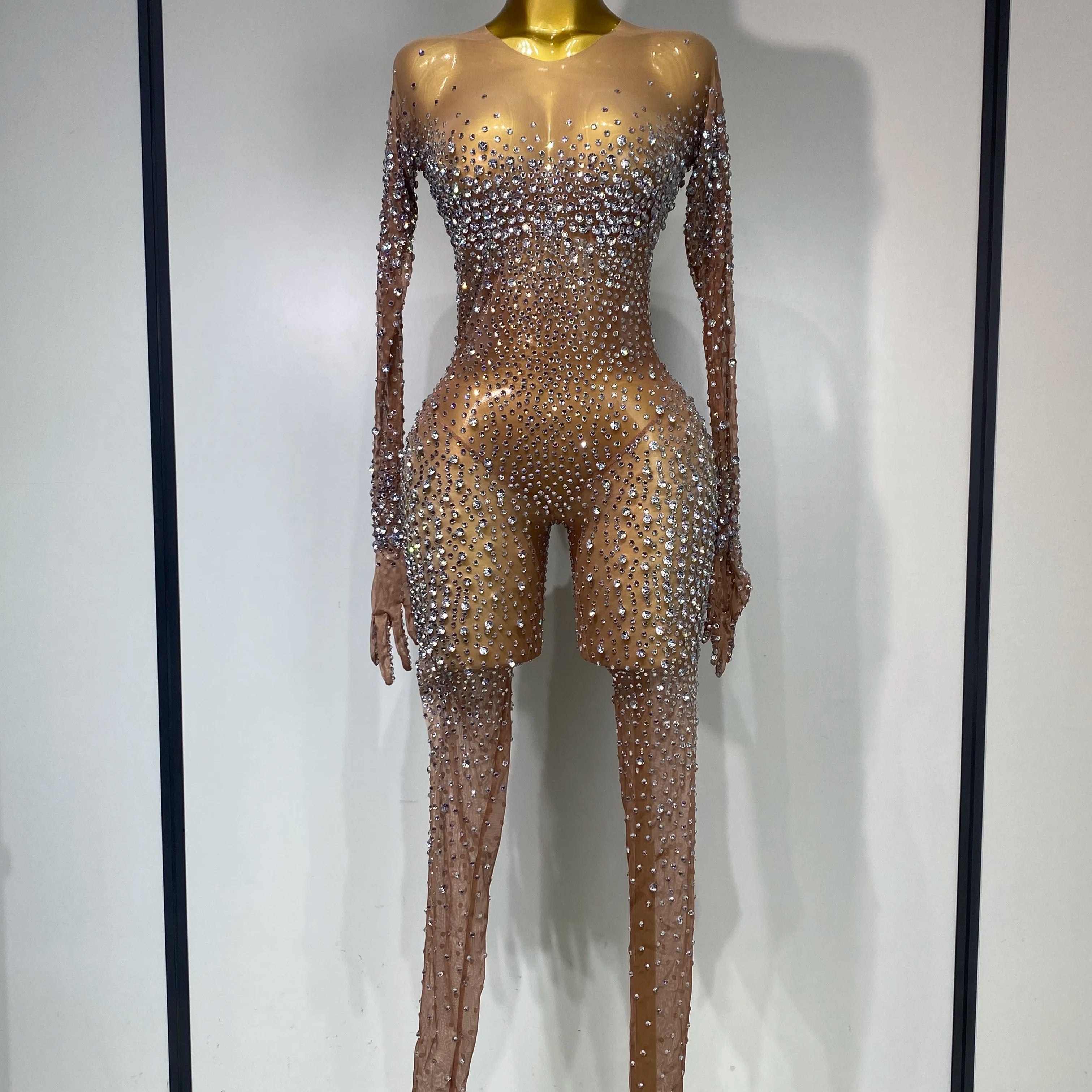 Luxury Rhinestones Bodycon Jumpsuit Sexy Women Mesh See Through Birthday Gown Women Bar Nightclub Dancer Stage Outfit