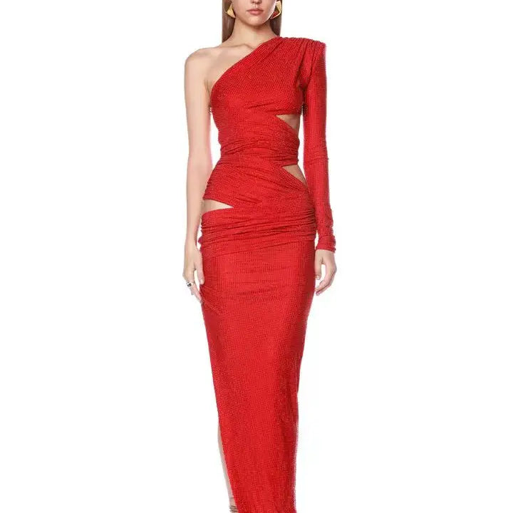 Shinning Rhinestones Women Sexy One Shoulder Bodycon Long Dress Wedding Memaid Party Celebrate Cocktail Dress Vestido