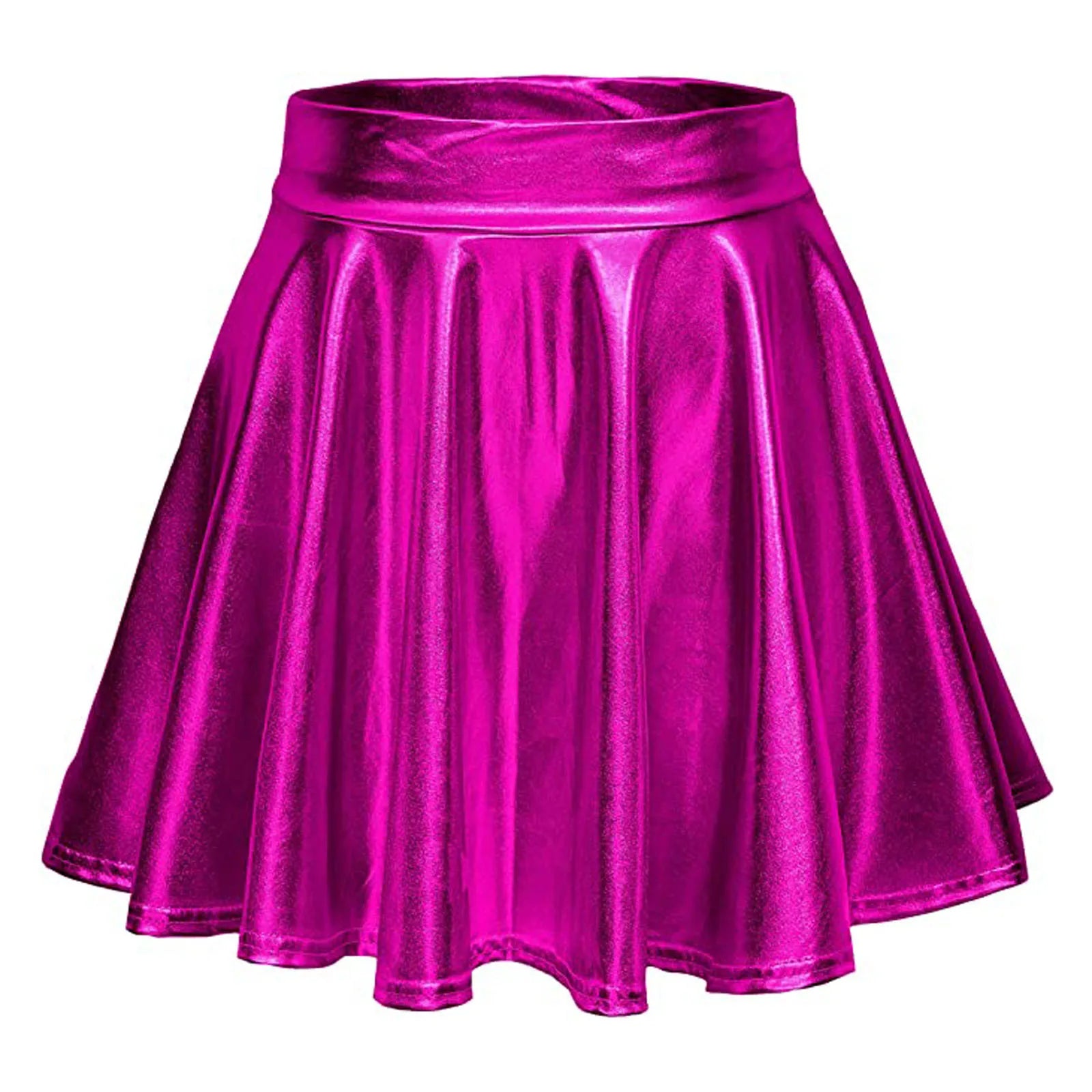 Women Shiny Metallic Pleated Skirt Stretchy High Waist A-Line Mini Skirts for Carnival Party Performance Nightclub Rave Dance Hot Pink
