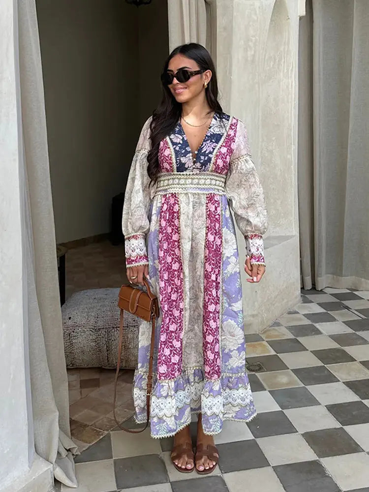 Fashion Patchwork Print Maxi Dress Women Long Sleeve V Neck High Waist Vestidos Female Vacation Party Club Robes